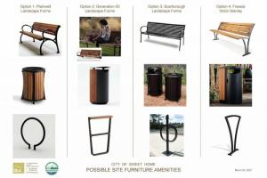 benches, trash bins &amp; bike rack choices